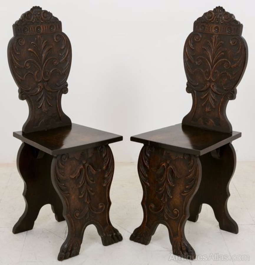 Antique Pair of lime wood carved Italian hall chairs