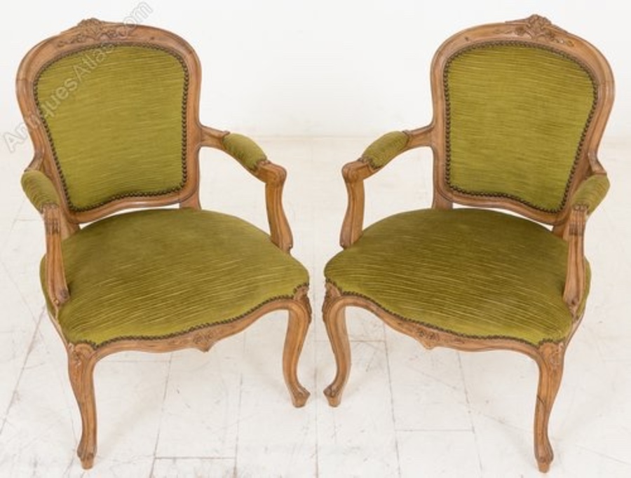 Antique Pair of Pretty French Walnut Open Armchairs