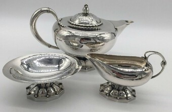 Superb Early Georg Jensen Silver tea set Leaf and berry pattern 181 1924