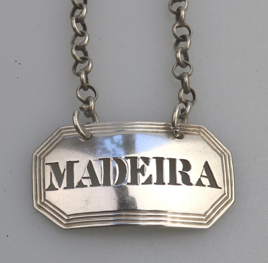 Antique Wine : A Solid Silver Georgian pierced Decanter Label Ticket Madeira
