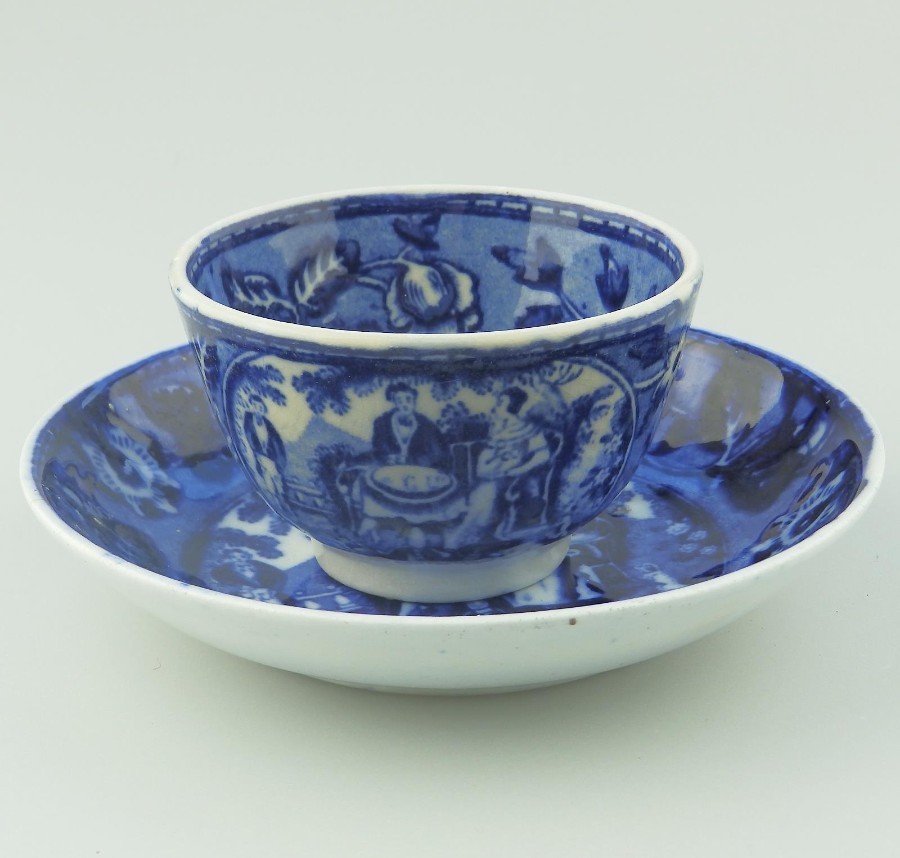 Staffordshire Antique English Pottery : Scarce B&W Transferware Tea Bowl C.1820