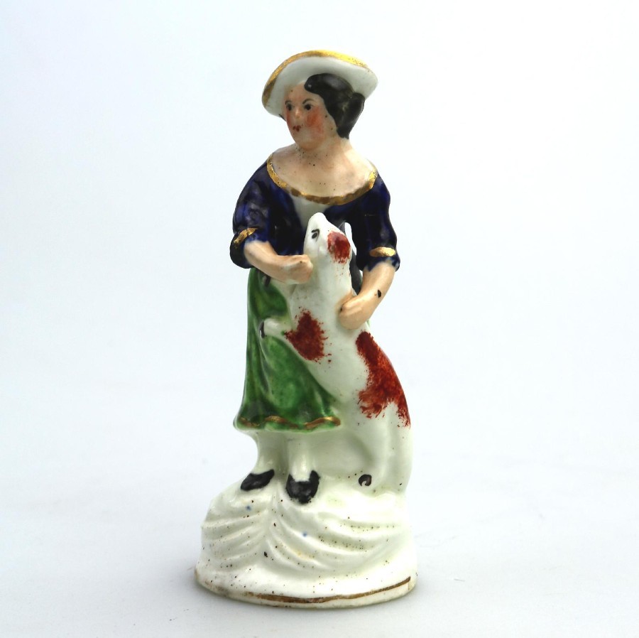 Antique English Pottery Staffordshire Girl with dog C.19thC