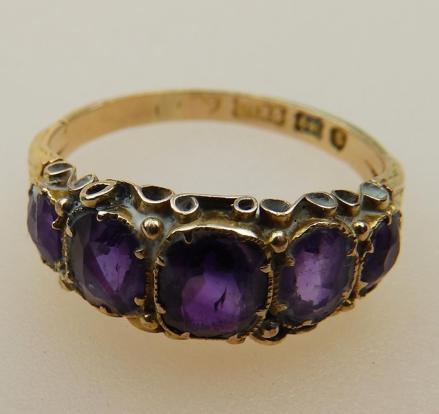 Antique Jewellery a Victorian 15ct Gold & 5 Stone Amethyst Ring M 1/2 C.19thC
