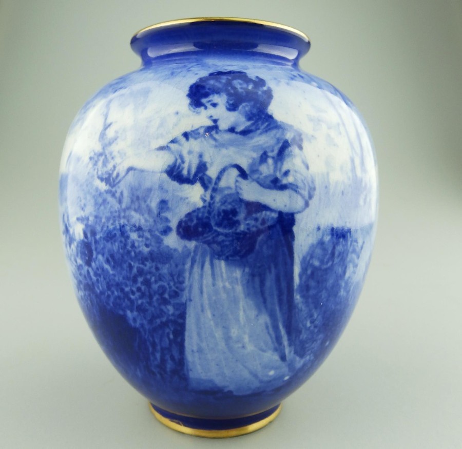 Royal Doulton Antique Art Pottery Flow blue Blue Children Vase C.1912-30