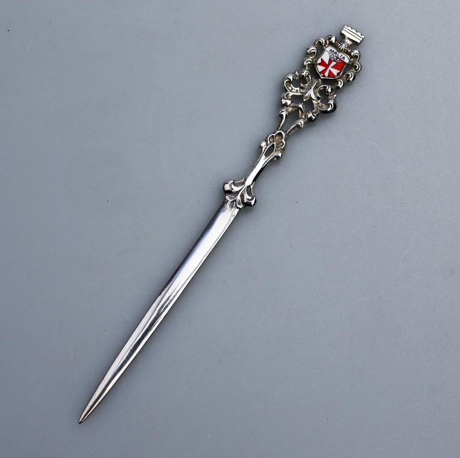 Vintage Solid Silver Maltese coat of arms Letter Opener C.20thC