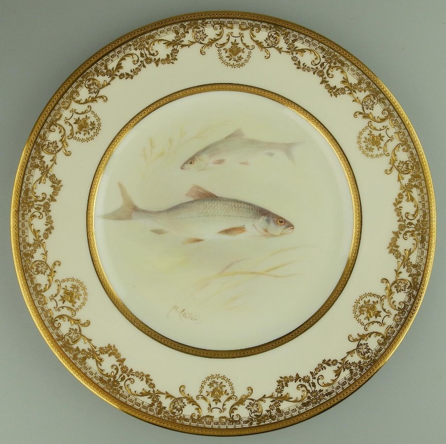 Antique Porcelain h/painted Royal Doulton Fish Cabinet Plate A. Eaton C.1900