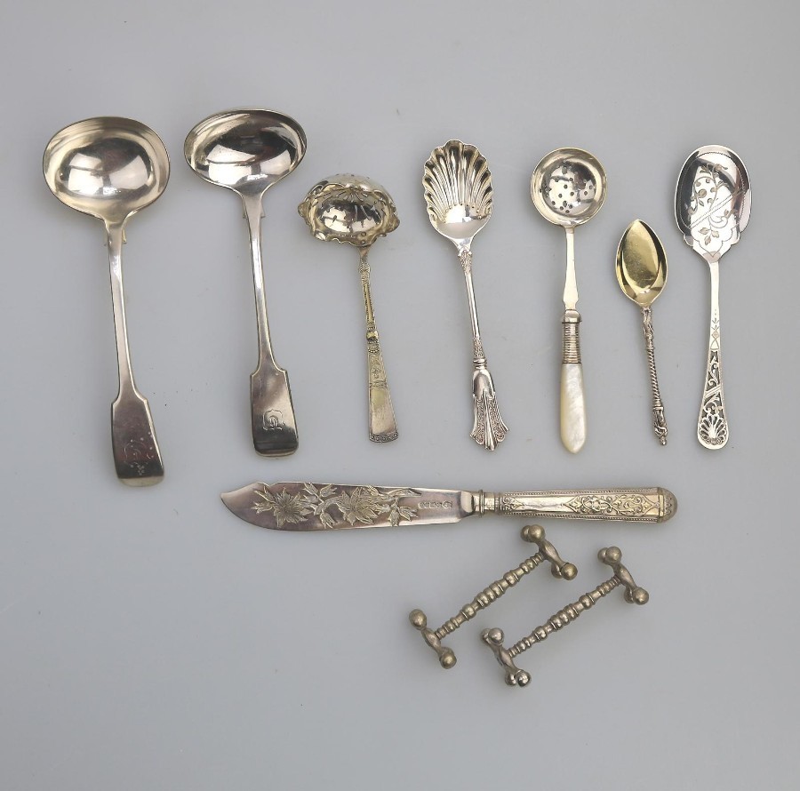 Antique Silver Plate Collection of Ladles, Sifters Spoons etc… 10X C.19thC