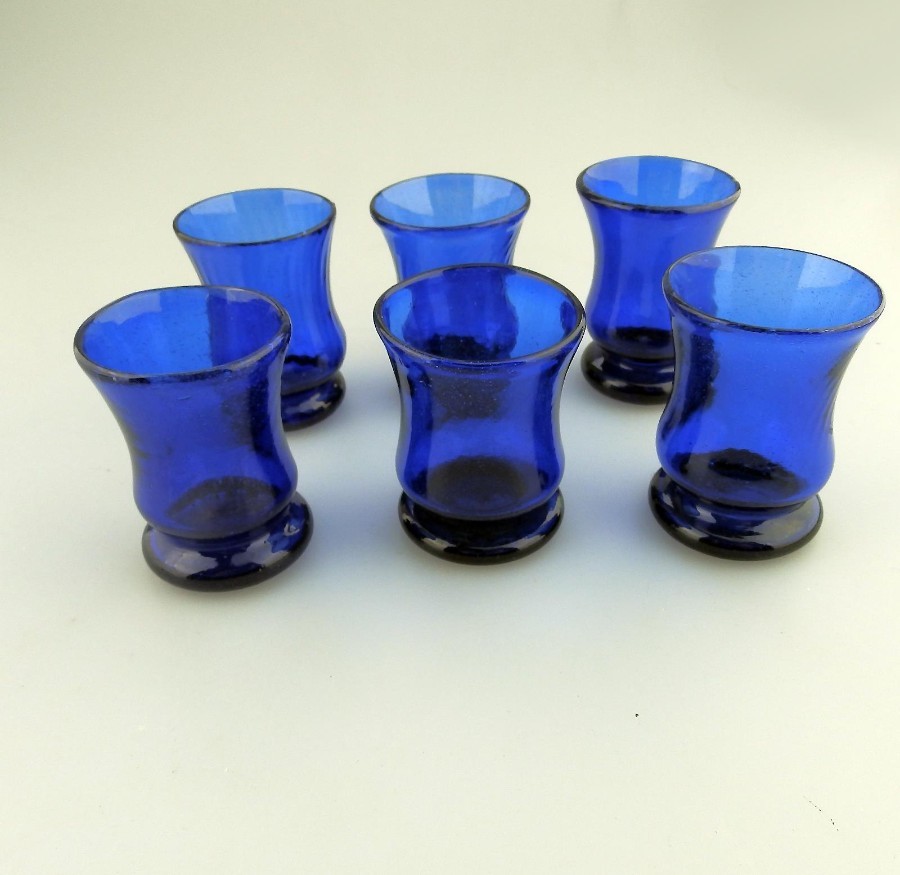 Antique English coloured Glass 6X Bristol blue blown Rustic Tot Glasses C. early 20thC