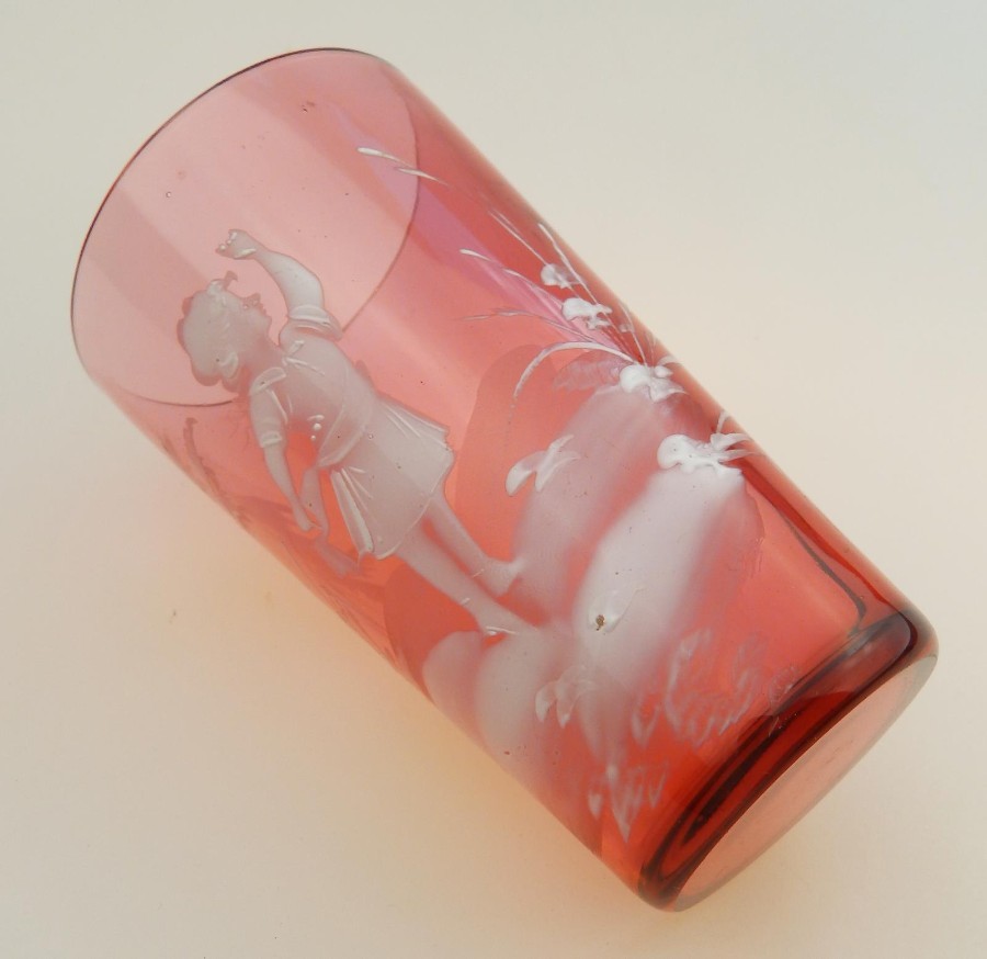 Antique Cranberry coloured Glass : A good Victorian Mary Gregory Tumbler C.19thC