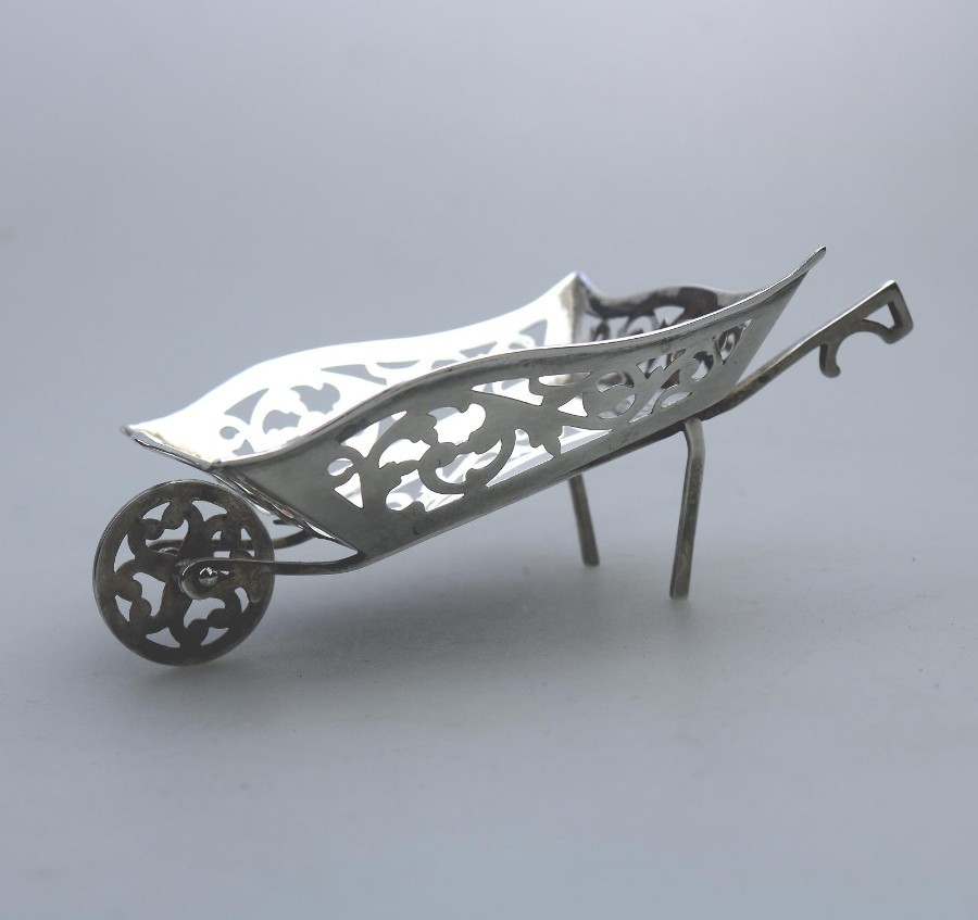 Antique Solid Silver Miniature novelty Wheelbarrow pierced moving wheel C.1908