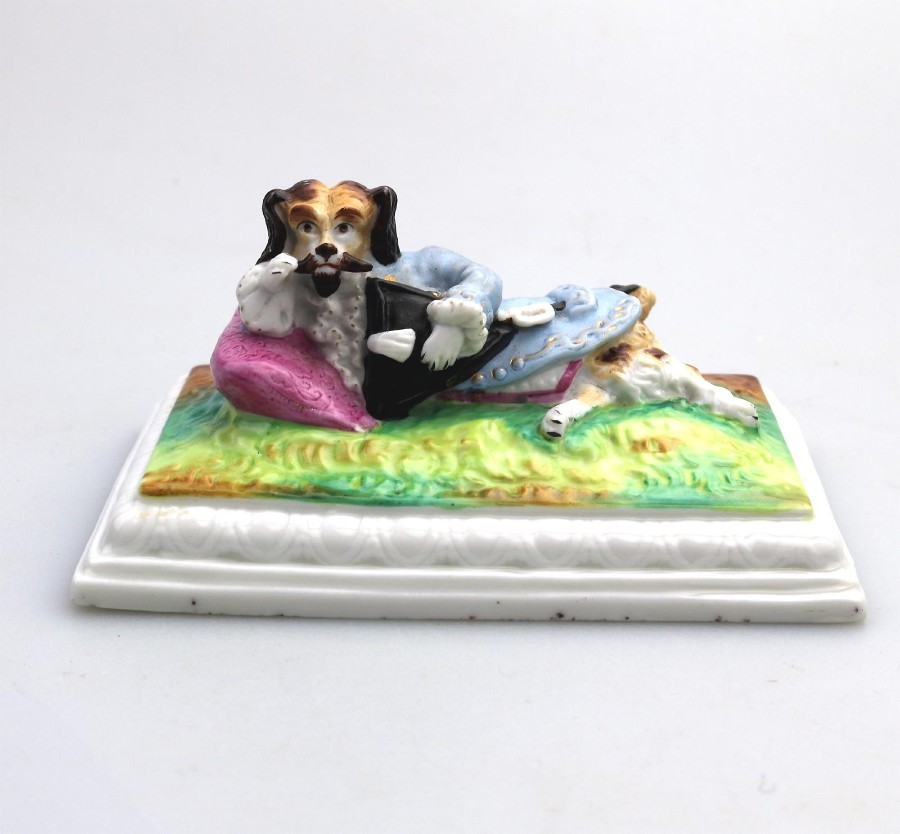 Antique French Porcelain novelty & unusual humorous Dog Desk Weight Accessory C.19thC