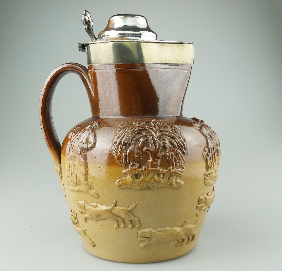 Antique Stoneware Salt Glaze a large sprigged Beer Jug C.Mid 19thC