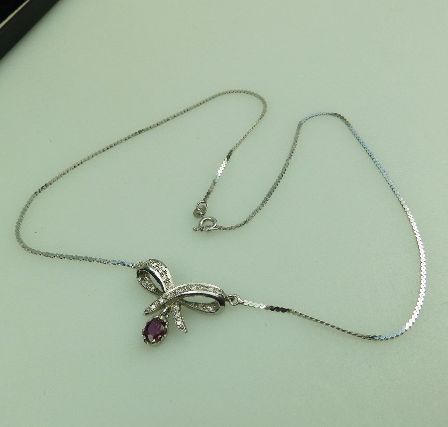 Vintage Jewellery 9 ct white gold and diamond & garnet pendant and chain Boxed