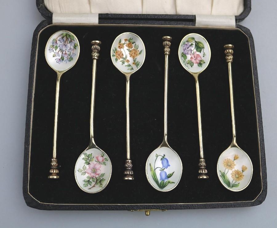 Antique Solid Silver Gilt & Floral Enamel Coffee spoons Seal Ends - cased C.1968