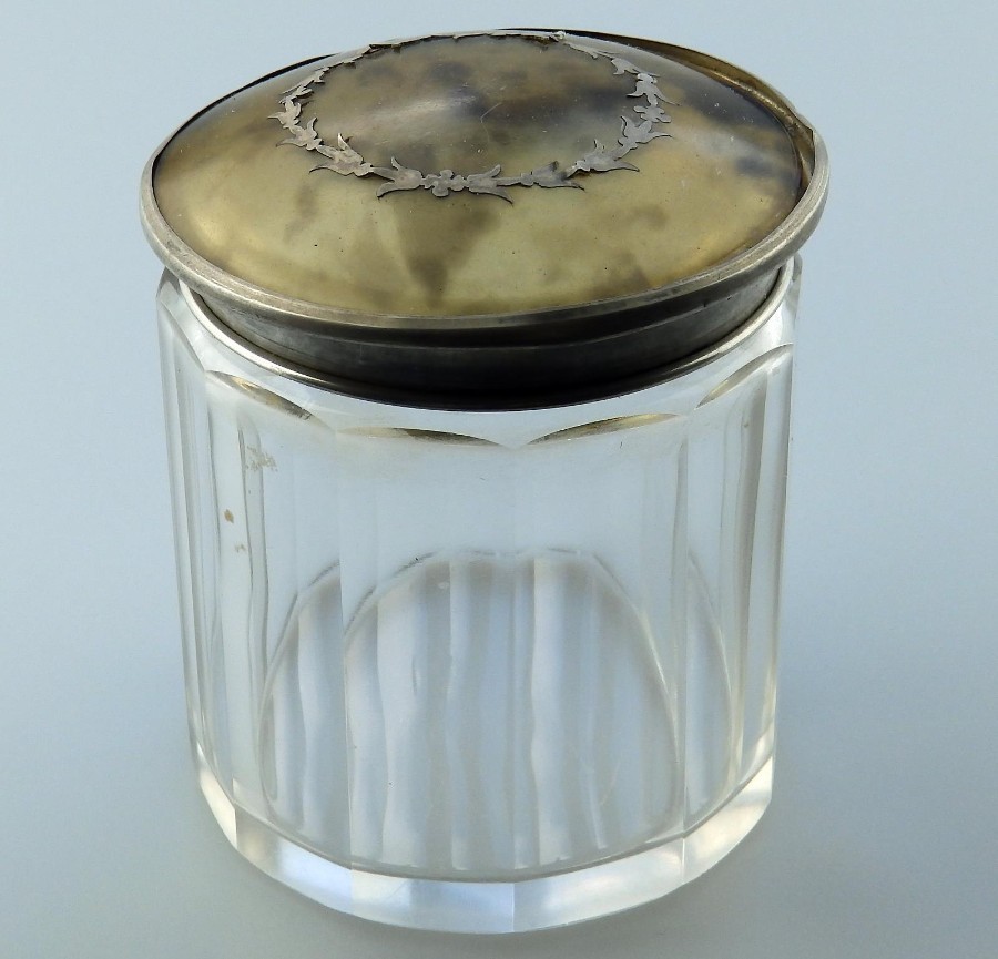 Antique Solid Silver : A Lidded pique worked Dressing Table Jar Birm 1925