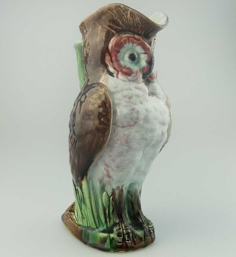 Antique English Staffordshire Majolica Pottery William Brownfield Owl Jug C.1885