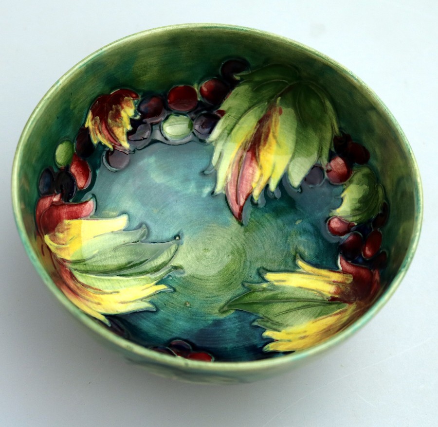 Antique British Art Pottery: A good William Moorcroft leaf & berry pedestal Bowl C.1928-30