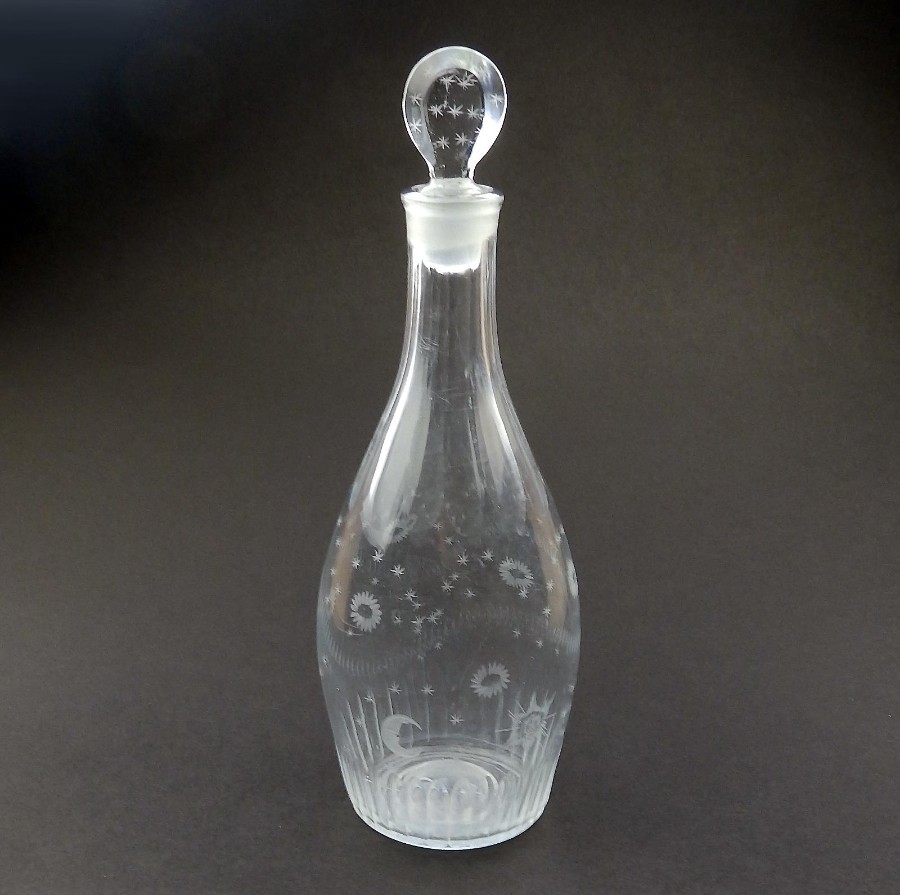 Antique Georgian Blown Glass : An unusual engraved Decanter late 18th/early 19th