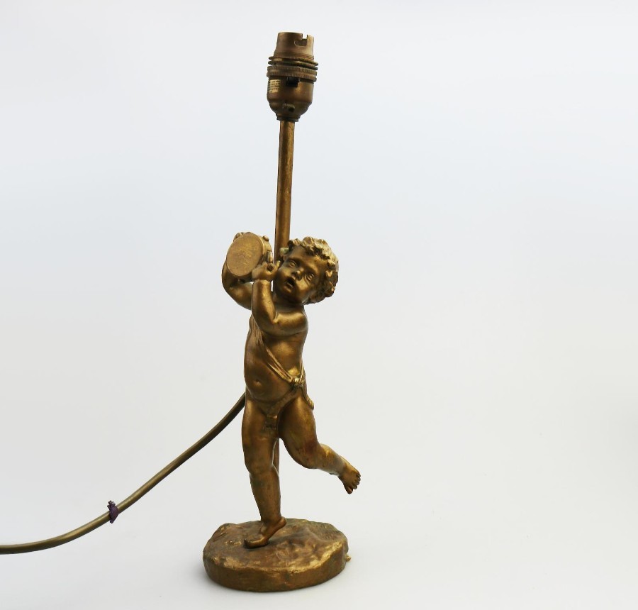 Antique Lighting A good gilded brass Cherub Musician Table Lamp C.1920-60