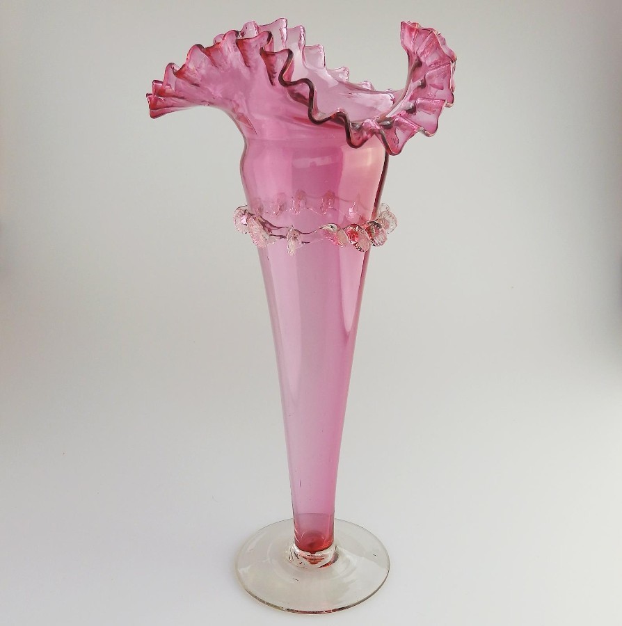 A giant Antique English Cranberry Glass Victorian Trumpet Vase C.19thC