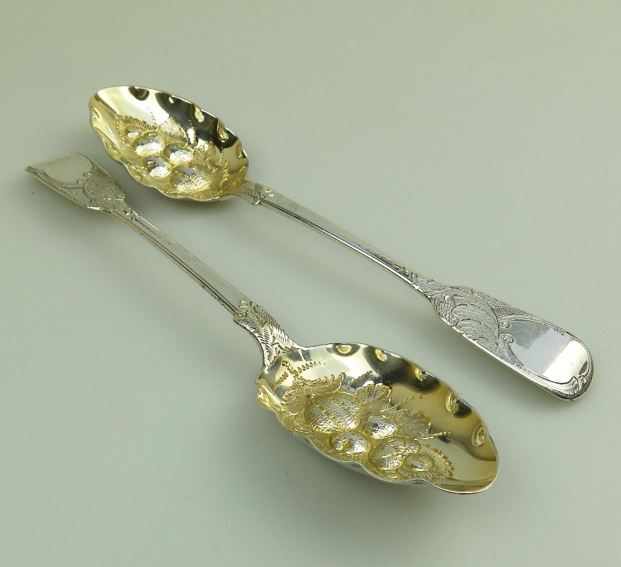 Antique Solid Silver a fine pair Victorian Dessert Berry Spoons S. Smiley C.1874