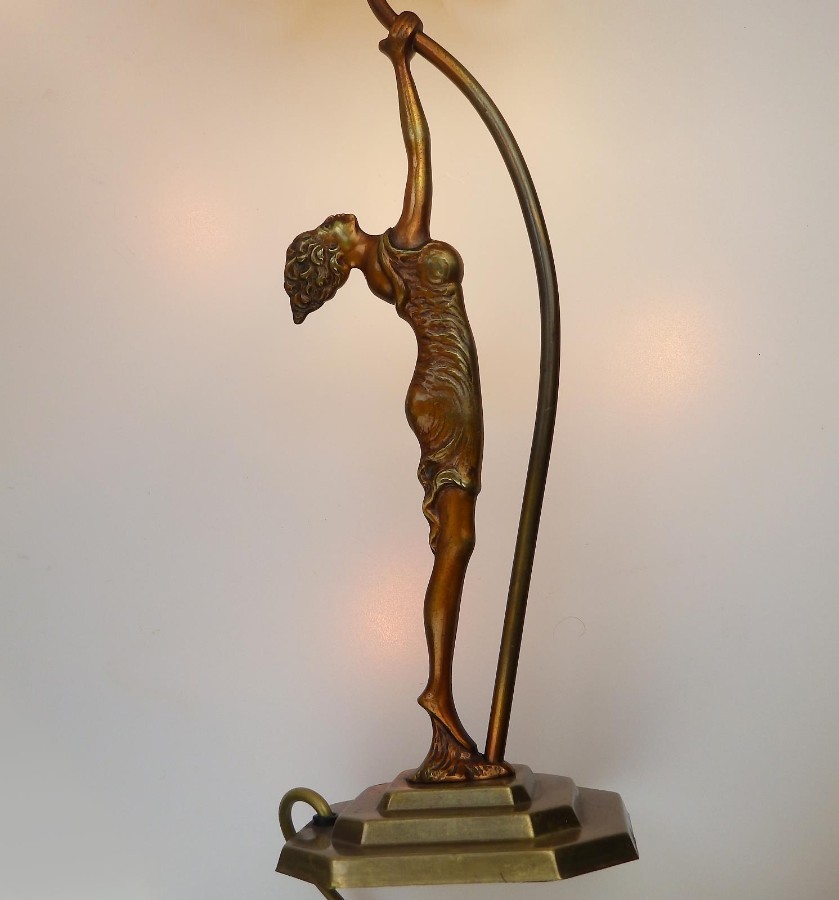  An unusual stylised Art Deco Maiden Table Lamp and shade C.1920's