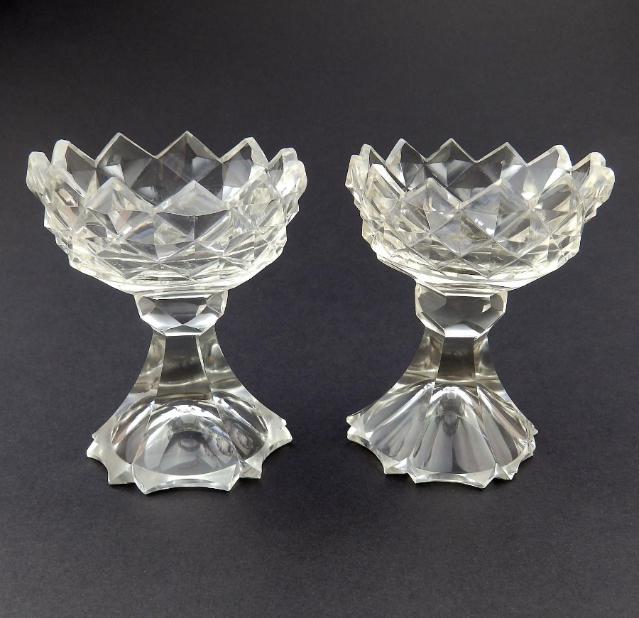 Antique Georgian Glass : Pair unusual & rare Irish Cut Salts C.18th / early 19thC