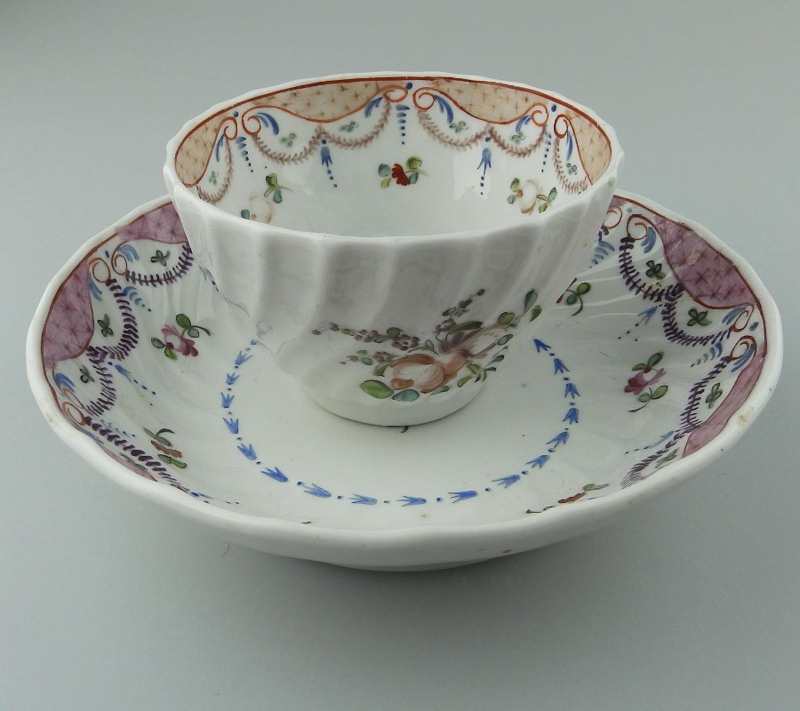 New Hall type Antique English Porcelain hand painted Tea Bowl & Saucer C.18thC
