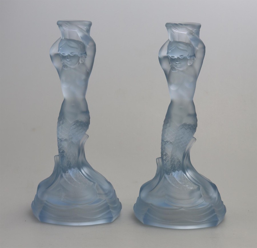 Art Deco Glass : Pair Walther & Sohne blue Mermaid Nymphen Candlesticks C.1930's