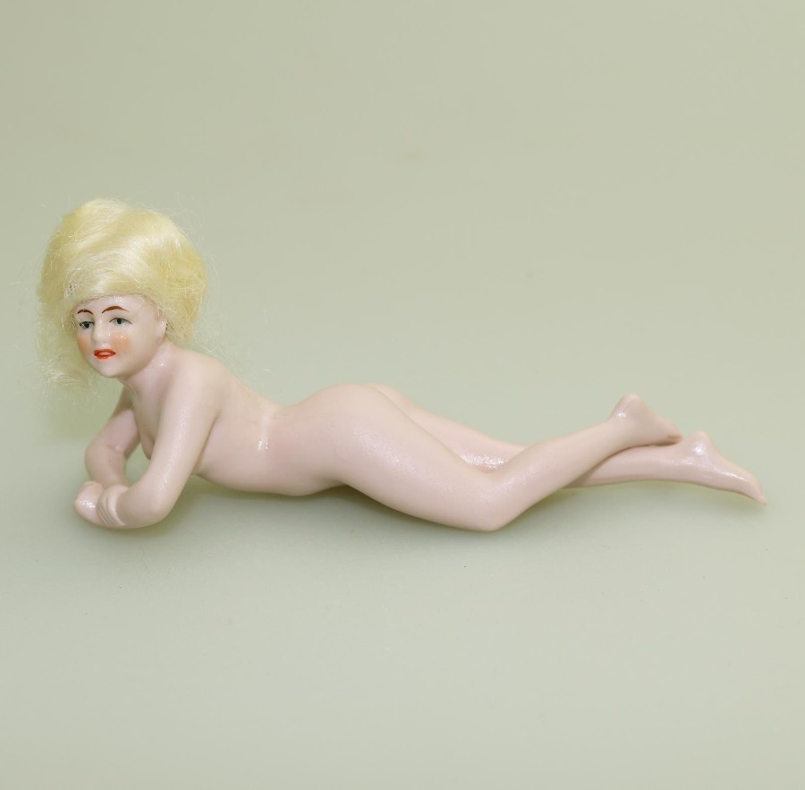 Antique Porcelain A stunning bathing beauty / half doll with hair C.1920