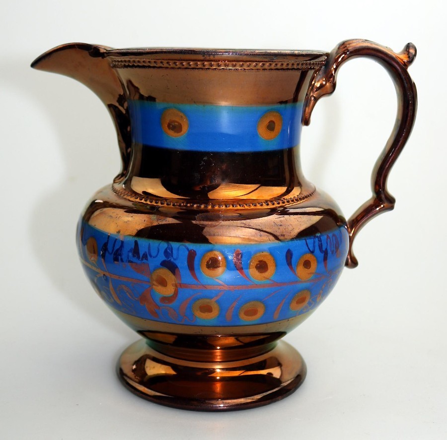 A good & large Antique English Pottery Copper Lustre Ale Jug C.1840