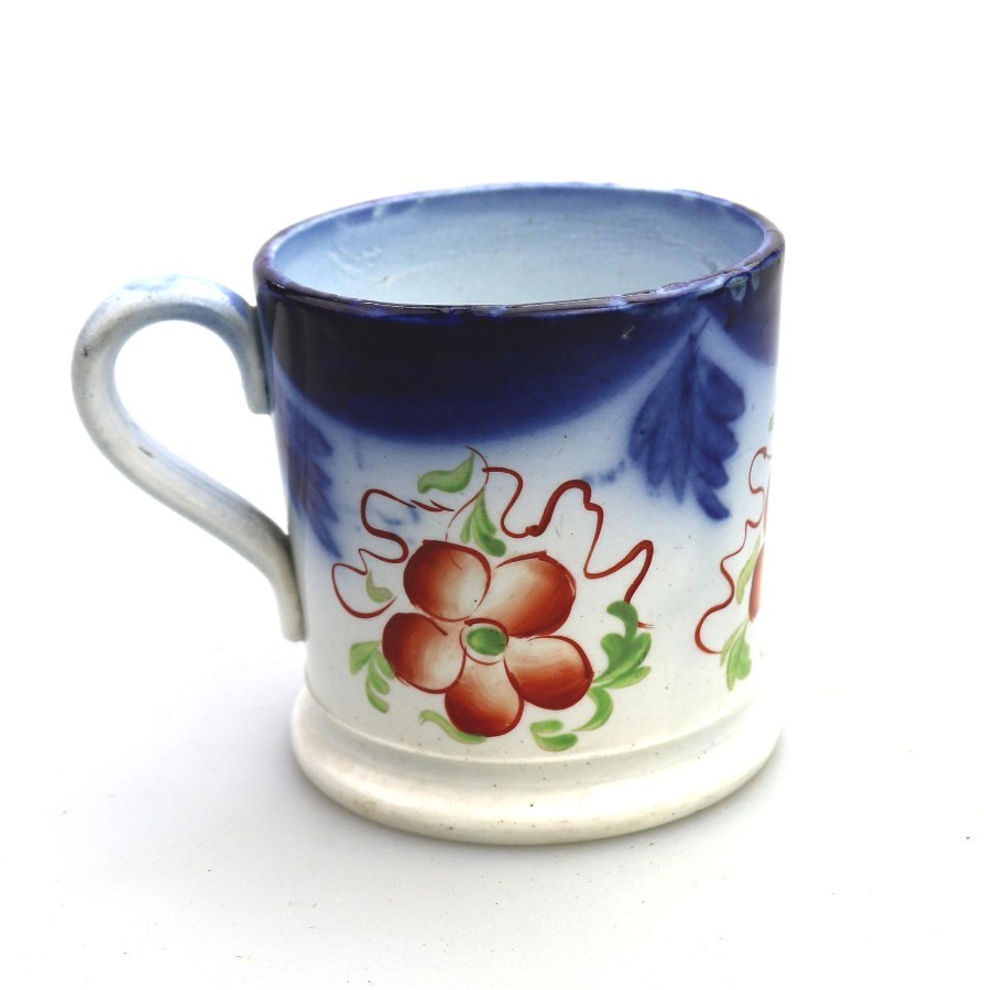 Antique English Pottery good Gaudy Welsh flow blue Child's Tankard / Mug C.19thC