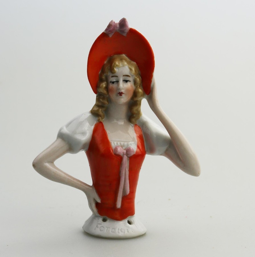 Antique Porcelain arms away orange bonnet Girl half doll C.1920's