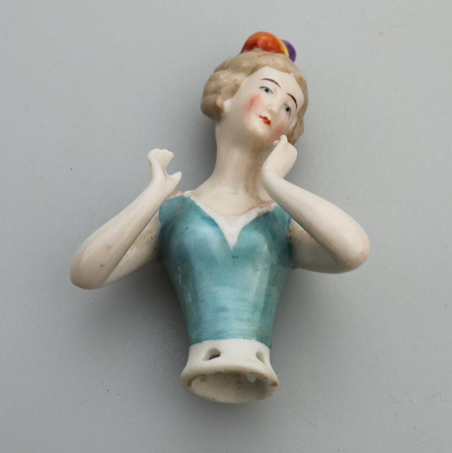 Art Deco Porcelain arms away Girl half doll C.1920's