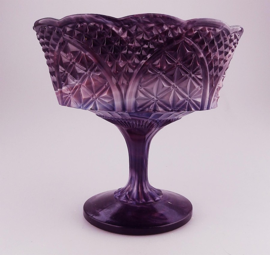 A Large Antique Pressed Glass purple malachite pedestal Bowl C.19thC