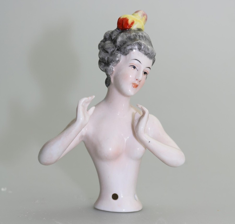 Antique Porcelain A good Arms Away Girl half doll C.1920's