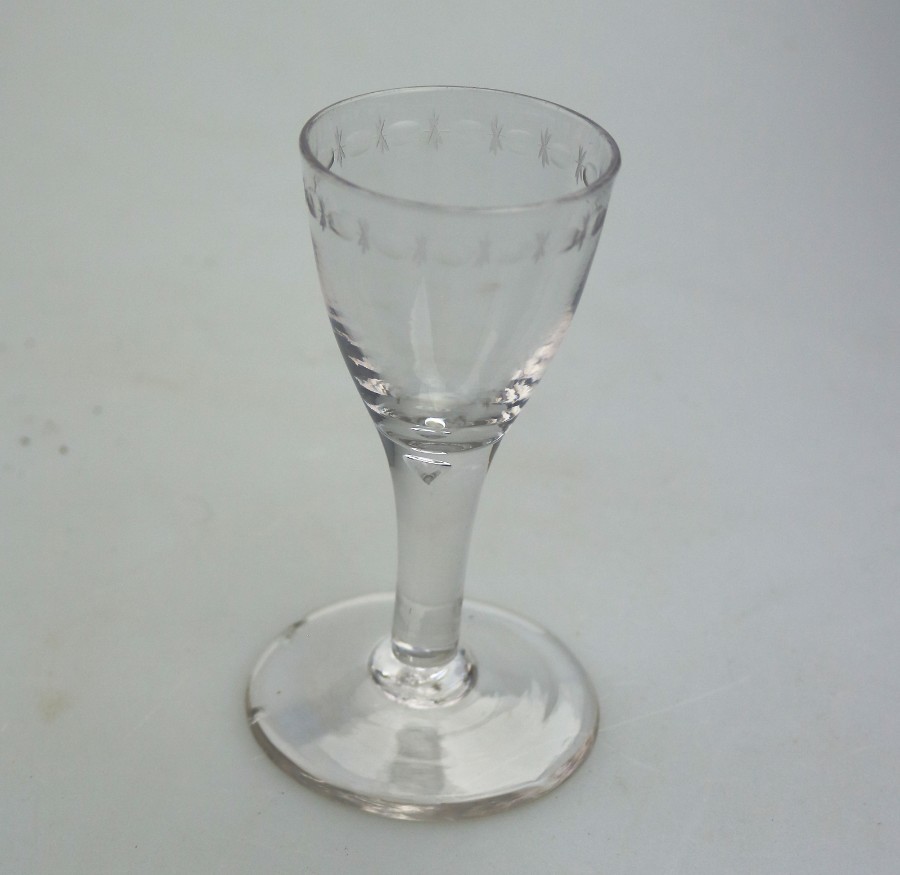 Antique Glass a Georgian Wine Cordial tear drop stem and egg & dart C.18thC