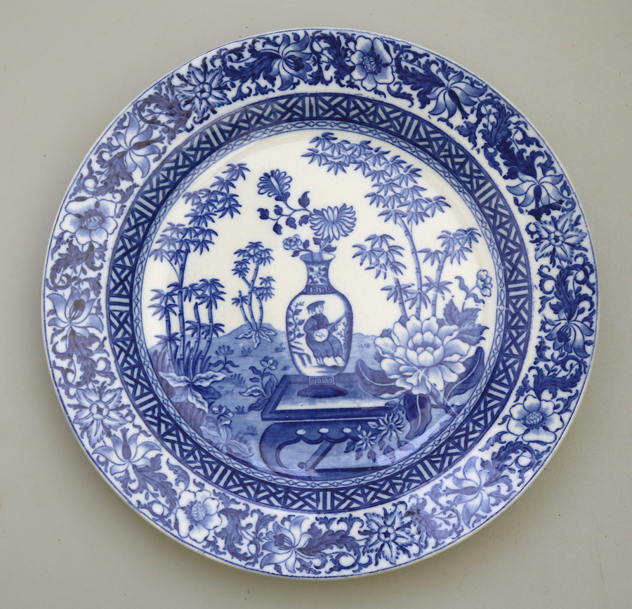 Wedgwood Antique Pottery: Scarce Bamboo B&W Transferware Plate - Mid 19thC