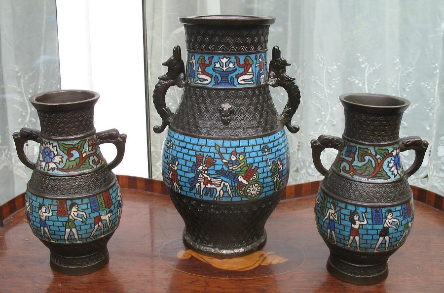 Antique Oriental 3X large Cloisonne / Champleve Garniture Vases C.early 20thC