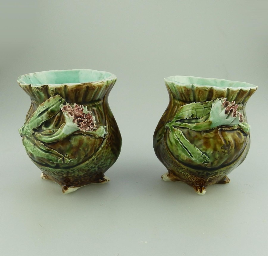 Majolica Antique Pottery a charming pair Victorian floral Vases C.19thC