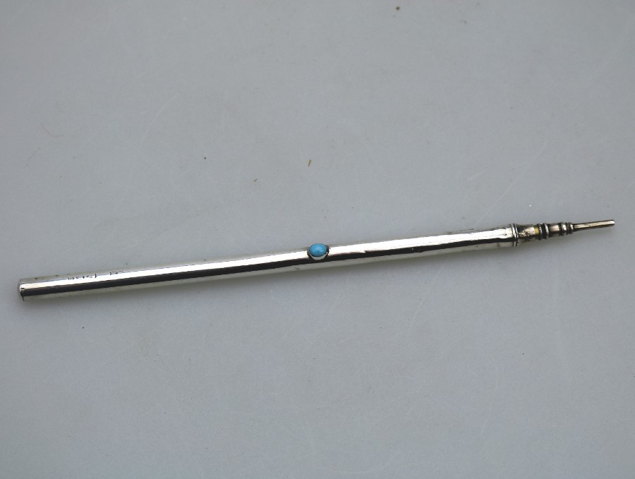 Antique Solid Silver Unusual extra long Mechanical Pencil turquoise stone C.1904