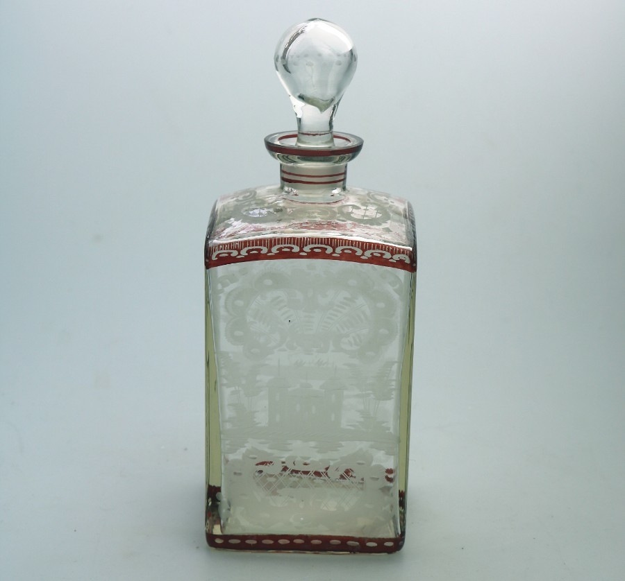 Antique Bohemian Glass : Attractive etched & Flashed Decanter C.1900-1920