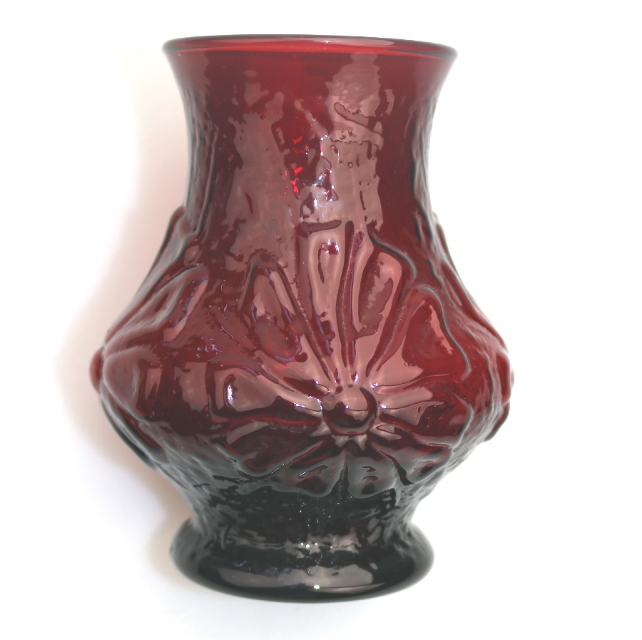 Vintage Art Glass : An unusual ruby pressed Art Deco / Retro Vase - C.1930-60's