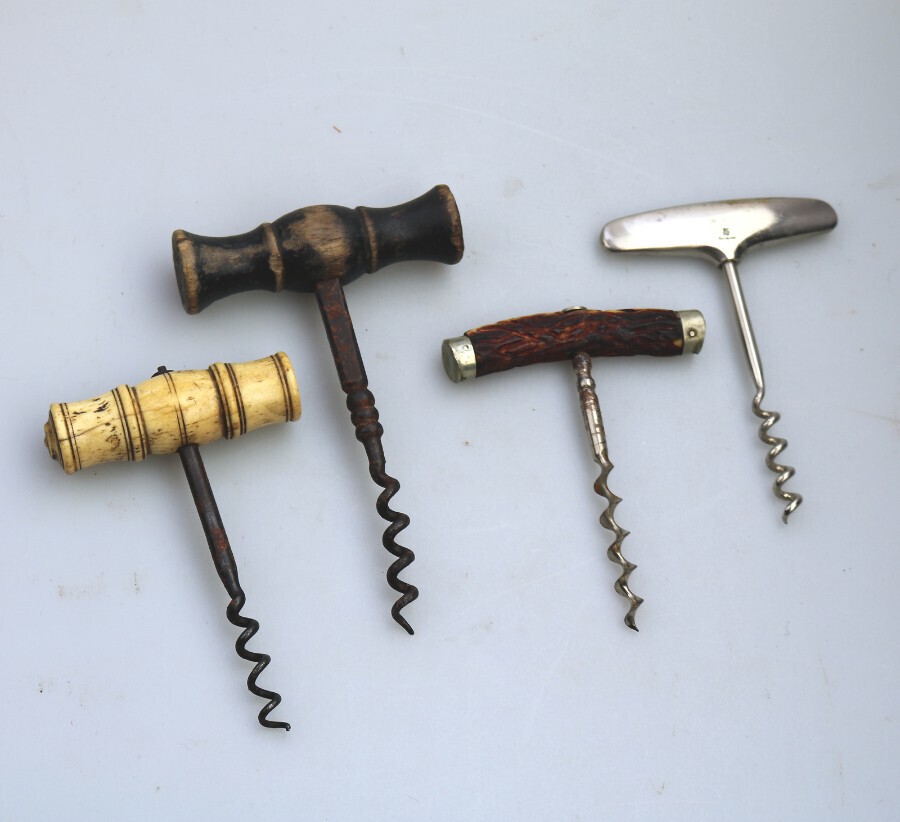 A collection 4X antique Corkscrews, iron, Bone, WMF etc... C.19thC