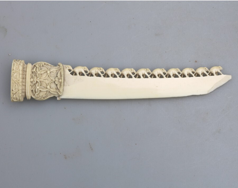 A fine antique Indian carved ivory elephant Paper Knife C.19thC