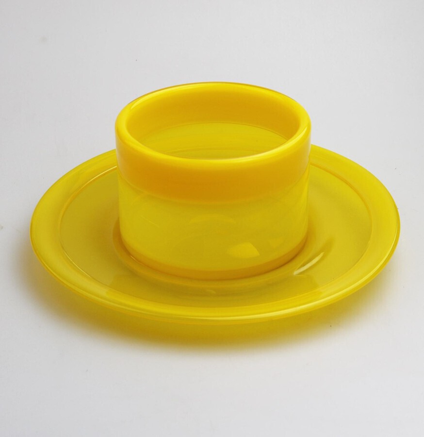 A large contemporary Scandinavian Art Glass Boda canary yellow Bowl & Saucer by  Erik Hoglund C.1960's
