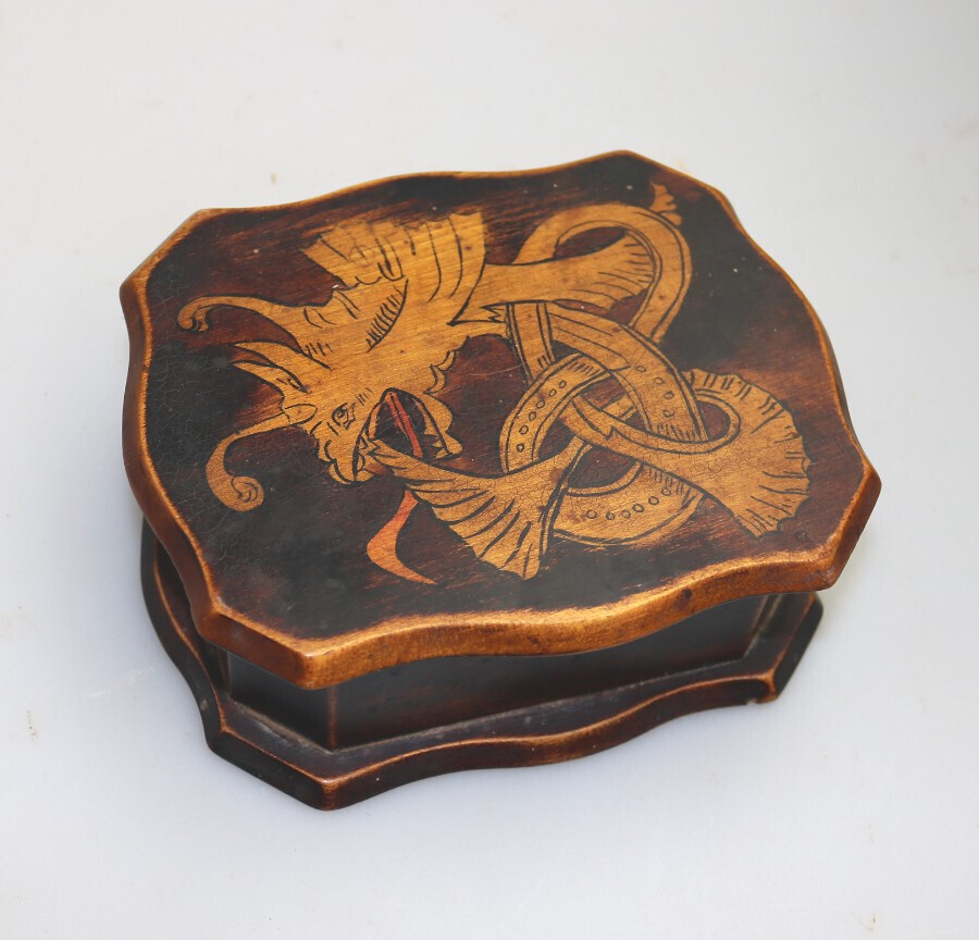 Unusual antique arts & crafts novelty wooden Jewelry Box dragon / serpent C.1900