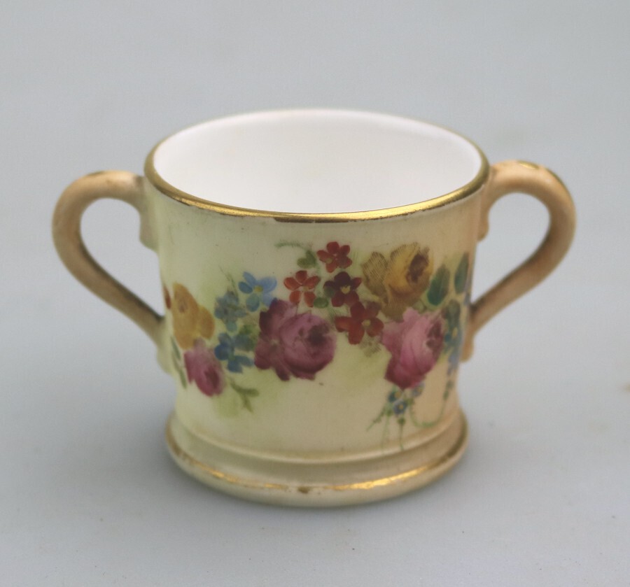 Antique Royal Worcester novelty porcelain h/painted miniature Loving Cup C.1902