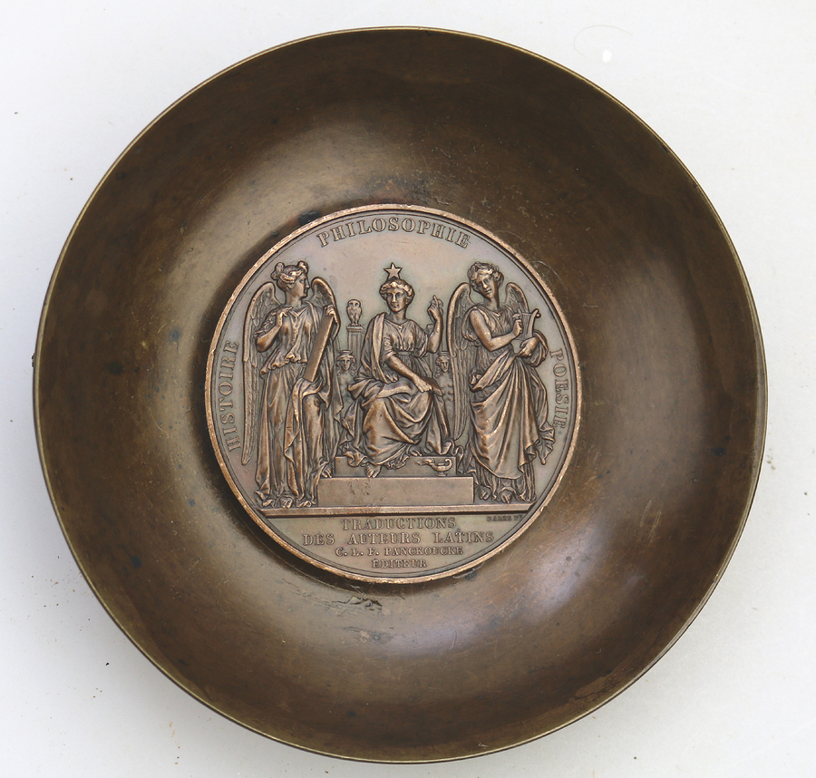 An unusual antique bronze Dish & bronze Writers / Poets Medal C.19thC