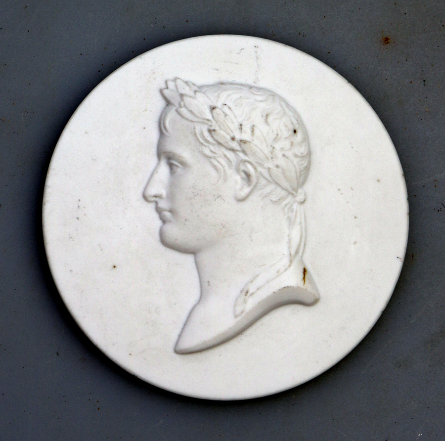 A fine antique Paris biscuit porcelain portrait medallion of Napoleon 1800+